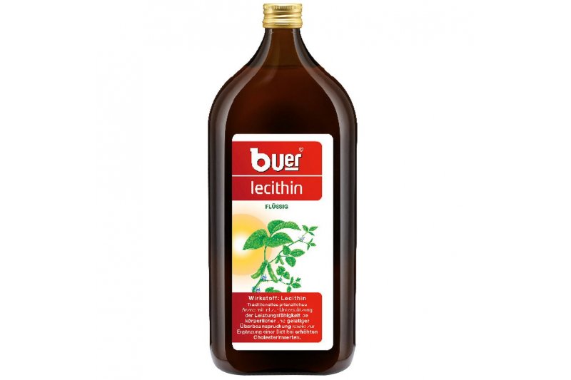 buer-lecithin.jpg Braune Flasche mit Flüssiglecithin, Etikett enthält Produktinformationen und Pflanzenmotiv.
