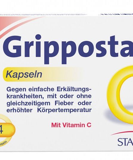 Verpackung von Grippostad C Kapseln zur Behandlung von Erkältungen, mit Hinweis auf Vitamin C.