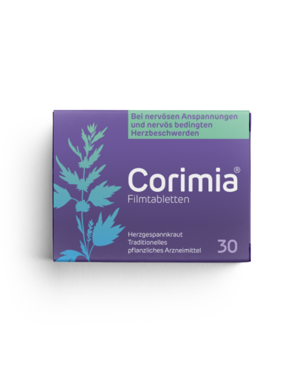 Verpackung von Corimia Filmtabletten mit pflanzlichem Arzneimittel für nervöse Spannungen und Herzbeschwerden.