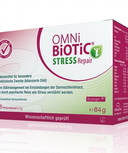 Verpackung eines Nahrungsergänzungsmittels für den Stressabbau mit Darmbakterien, vegan, enthält 28 Portionen.