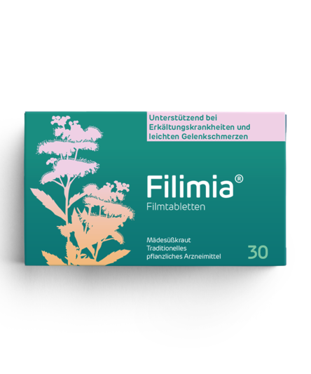 Verpackung von Filimia Filmtabletten mit Pflanzenmotiven, unterstützt bei Erkältungen und Gelenkschmerzen.