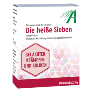 Verpackung von 'Die heiße Sieben', einem pulverförmigen Heilmittel zur Herstellung einer Lösung gegen Krämpfe und Koliken.