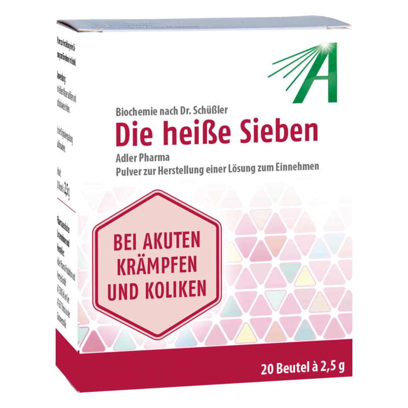 DieHeisseSieben.png Verpackung von 'Die heiße Sieben', einem pulverförmigen Heilmittel zur Herstellung einer Lösung gegen Krämpfe und Koliken.