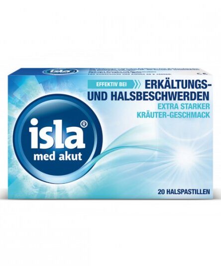 Verpackung von Isla med akut Halspastillen mit Hinweis auf Erkältungs- und Halbbeschwerden, extra starker Kräutergeschmack.