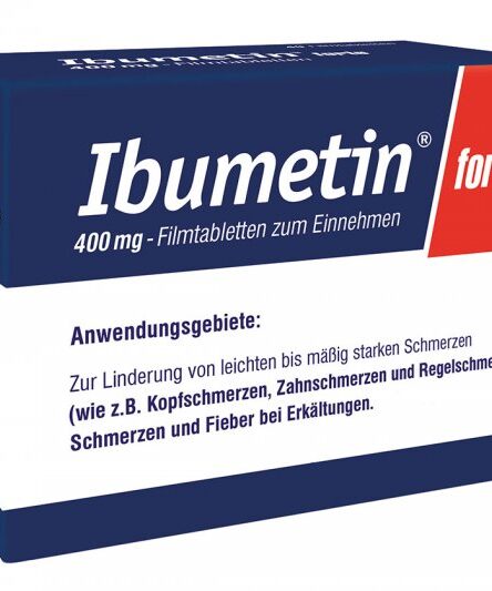 Verpackung mit Ibuprofen 400 mg in Filmtabletten, Anwendung: Linderung von leichten bis mäßig starken Schmerzen.