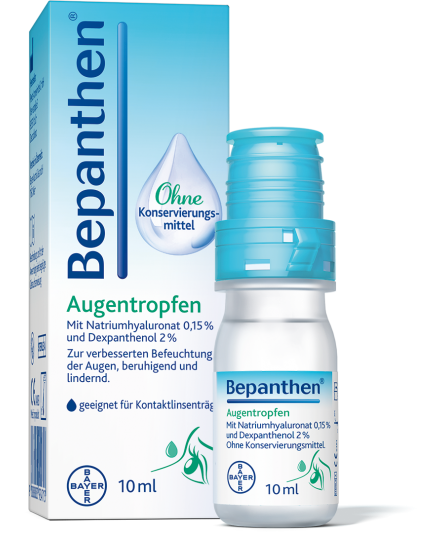Bepanthen Augentropfen in einer transparenten Flasche mit blauer Verschlusskappe und einer Verpackung in Blau und Weiß.