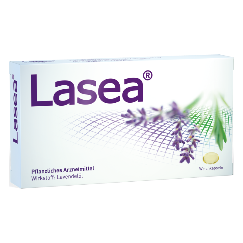 Lasea_2025.png Verpackung von Lasea, einem pflanzlichen Arzneimittel mit Lavendelöl. Weichkapseln in der Box.