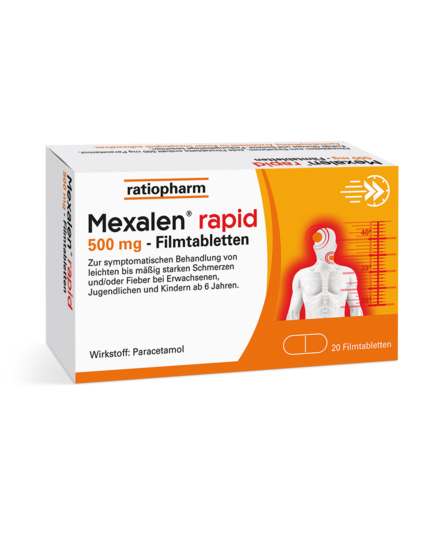 Packung Mexalen rapid 500 mg Filmtabletten zur Behandlung von Schmerzen und Fieber, mit orangefarbenem Design.