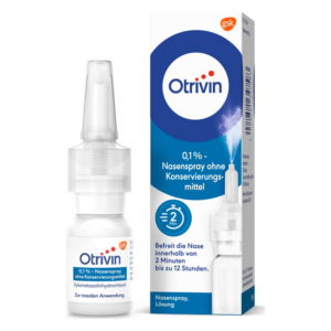 Otrivin Nasenspray 0,1% in einer weißen Flasche mit Sprühaufsatz und blauer Verpackung ohne Konservierungsstoffe.