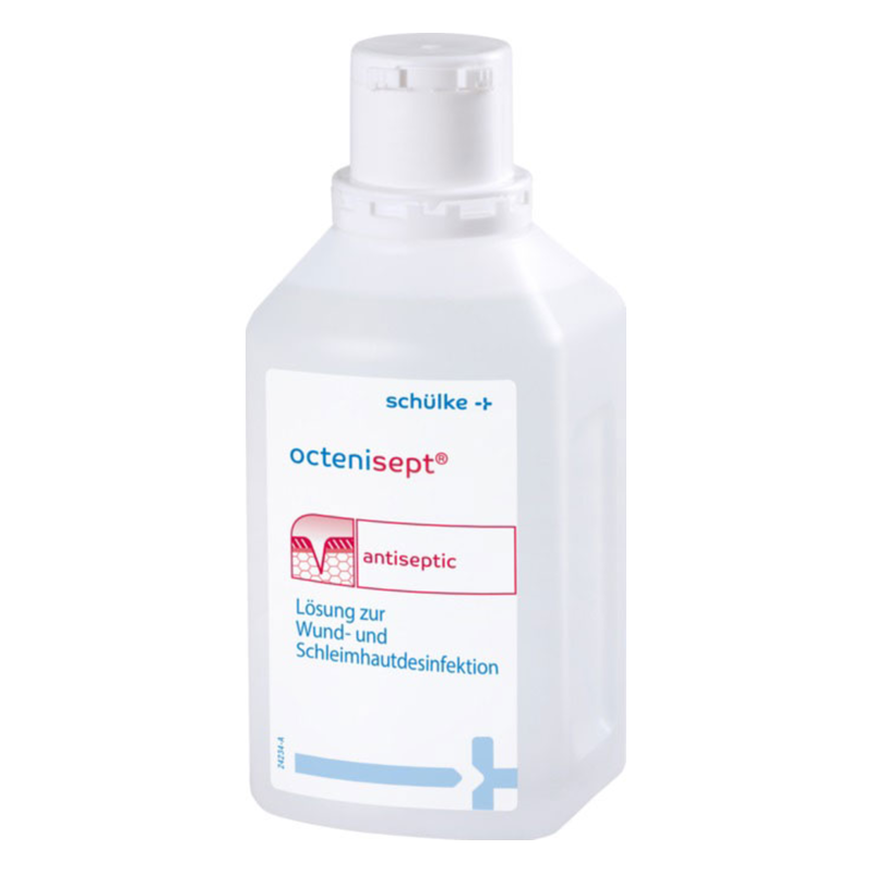 Octenisept-Lo__sung.png Eine Flasche mit antibakterieller Lösung zur Wund- und Schleimhautdesinfektion, etikettiert mit "octenisept".