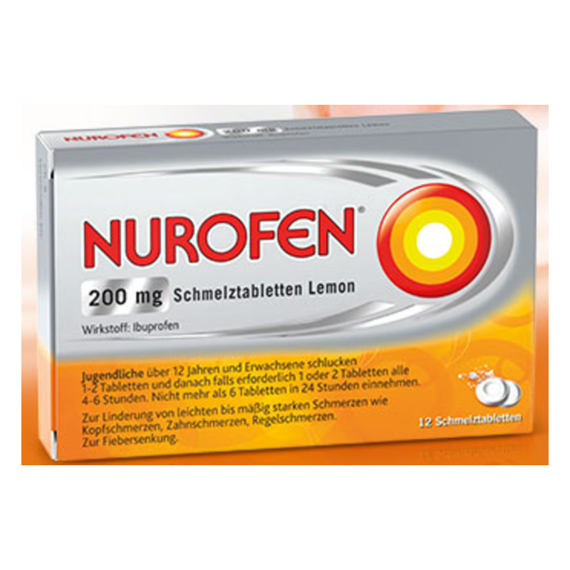 nurofen-schmelztabletten-lemon.png Verpackung von Nurofen Schmelztabletten Lemon, 200 mg Ibuprofen, mit Hinweisen zur Anwendung und Dosierung.
