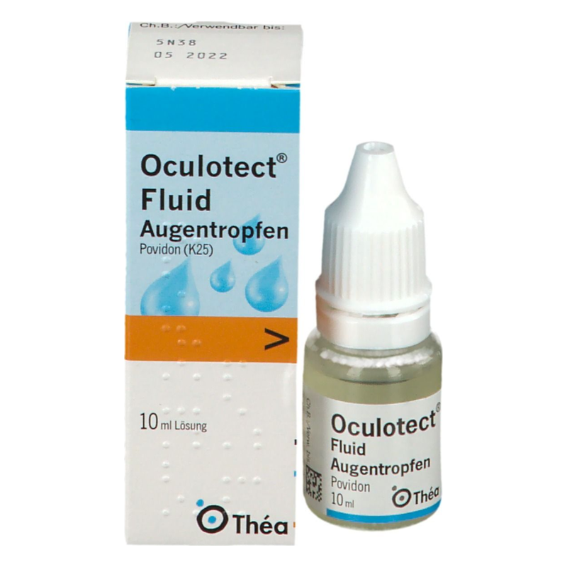 Oculotect-fluid-augentropfen-10ml.png Flasche mit Oculotect Fluid Augentropfen, Povidon K25, in einer Verpackung mit Wassertröpfchen-Design.