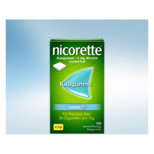 Verpackung von Nicorette Kaugummi mit 4 mg Nikotin, zuckerfrei, Geschmacksrichtung icemint.