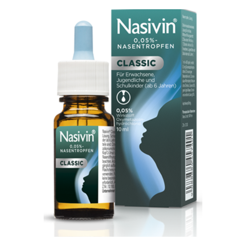 Nasivin-nasentropfen-classic-2025.png Nasivin Nasentropfen in braunem Glasfläschchen mit Pipette und grüner Verpackung, für Erwachsene und Kinder ab 6 Jahren.