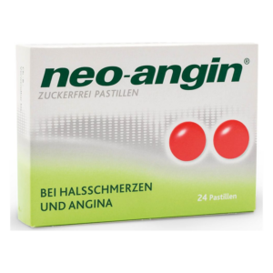 Verpackung von neo-angin zuckerfreien Pastillen mit rotem Design und Hinweis auf Anwendung bei Halsschmerzen.