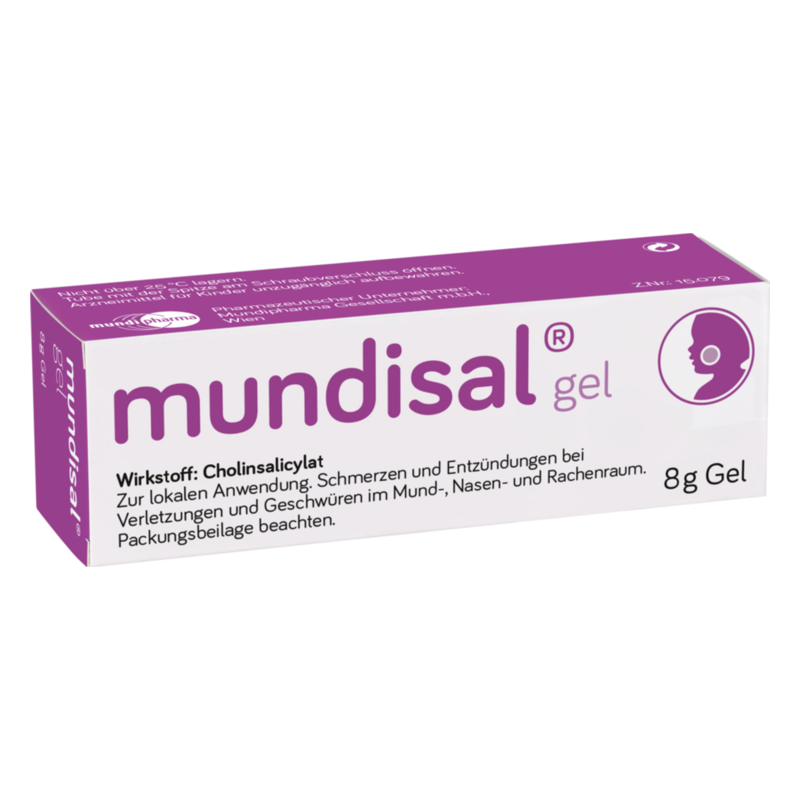 mundisal-gel-2025.png Verpackung von mundisal Gel mit lila Schrift, zur Behandlung von Mund- und Rachenraumentzündungen.