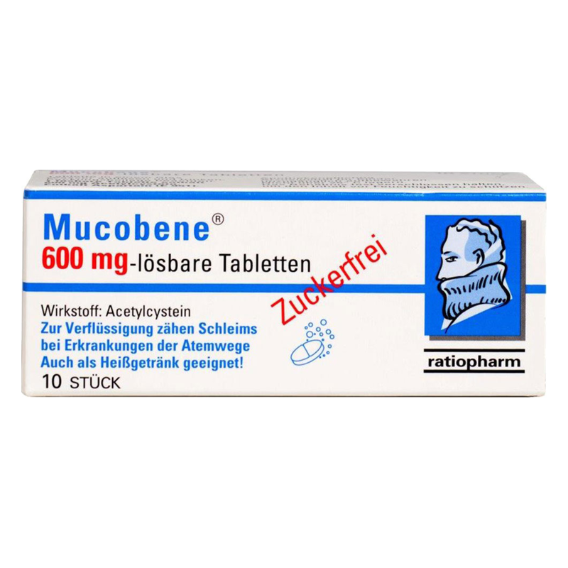 Mucobene-600mglo__sbare-Tabletten.png Verpackung von Mucobene 600 mg-lösbaren Tabletten mit dem Wirkstoff Acetylcystein, zuckerfrei, für Atemwegserkrankungen.