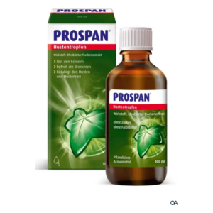PROSPAN Hustentropfen in einer braunen Flasche neben der grünen Verpackung mit Efeublättern und Anwendungsinformationen.