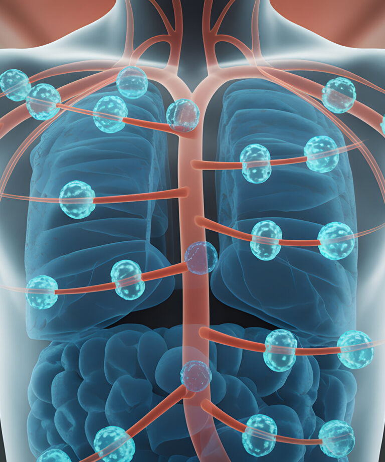Darstellung des menschlichen Körpers mit hervorgehobenen Atemwegen, Blutgefäßen und Zellen in blau und rot.