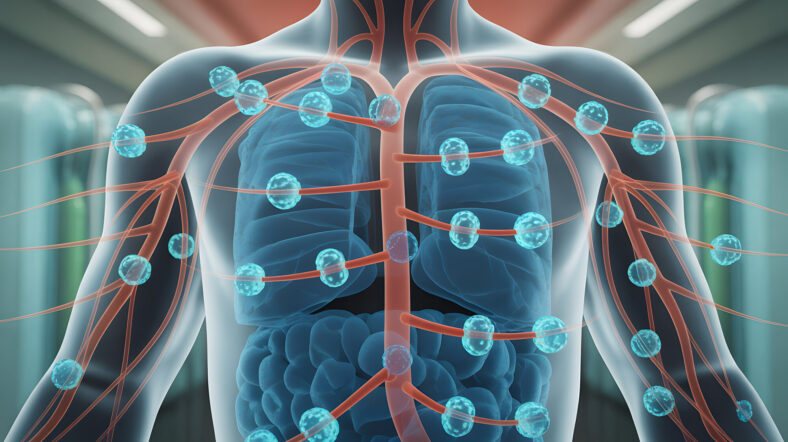 Darstellung des menschlichen Körpers mit hervorgehobenen Atemwegen, Blutgefäßen und Zellen in blau und rot.