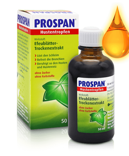 Prospan Hustentropfen in einer 50 ml Braunglasflasche mit grüner Verpackung und einem Tropfen, der aus der Flasche fällt.