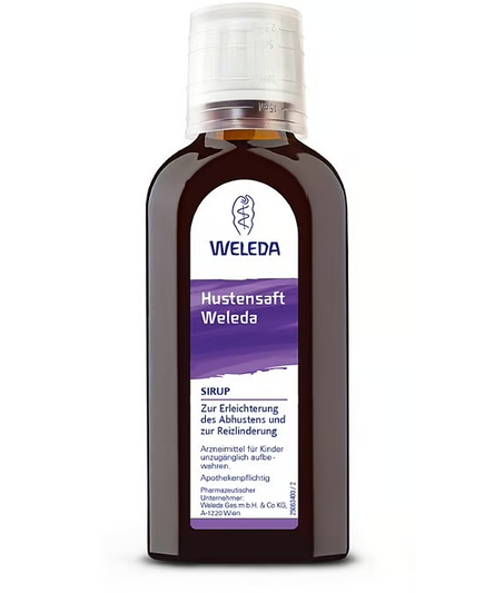 Braune Flasche mit Hustenstift Weleda, enthält einen Sirup zur Erleichterung des Abhustens und zur Reizungslinderung.