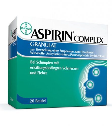 Verpackung von Aspirin Complex Granulat mit Informationen zu Inhaltsstoffen und Anwendung bei Schnupfen und Fieber.