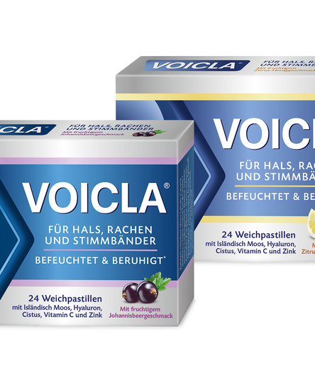 Zwei Verpackungen von VOICLA Weichpastillen für Hals, Rachen und Stimmcords in verschiedenen Geschmacksrichtungen.