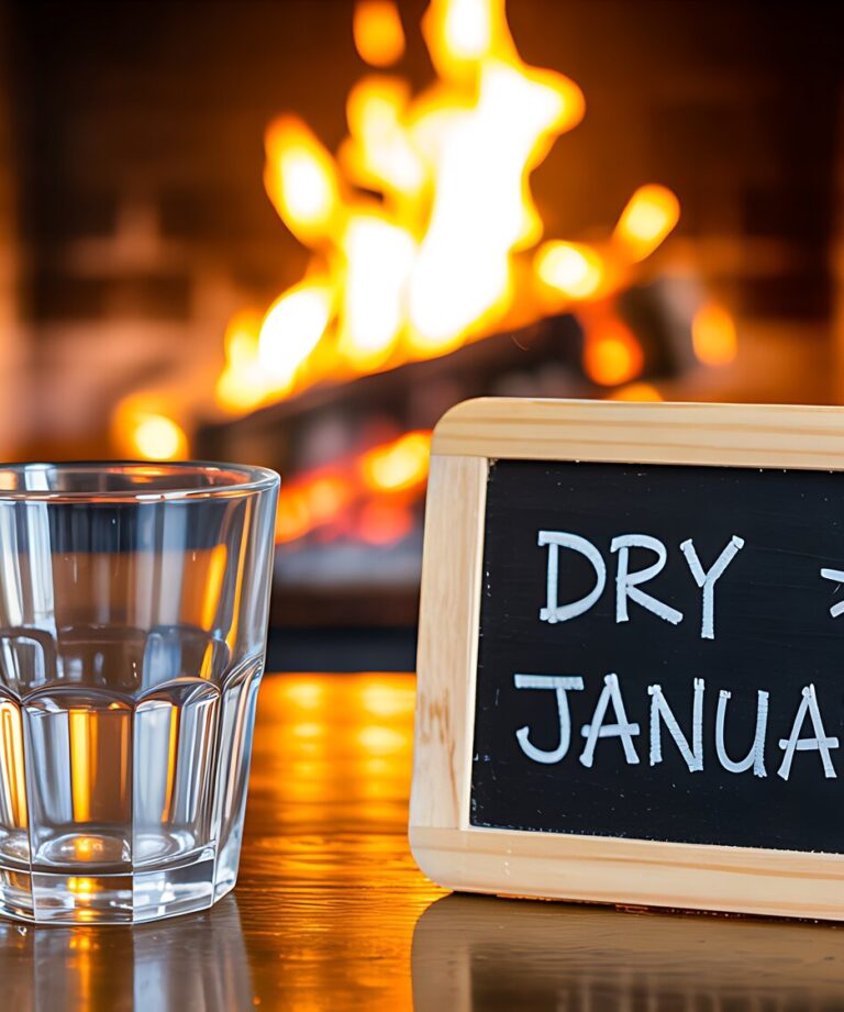 Ein Glas Wasser steht neben einer Tafel mit der Aufschrift 'DRY JANUARY' vor einem Kaminfeuer.