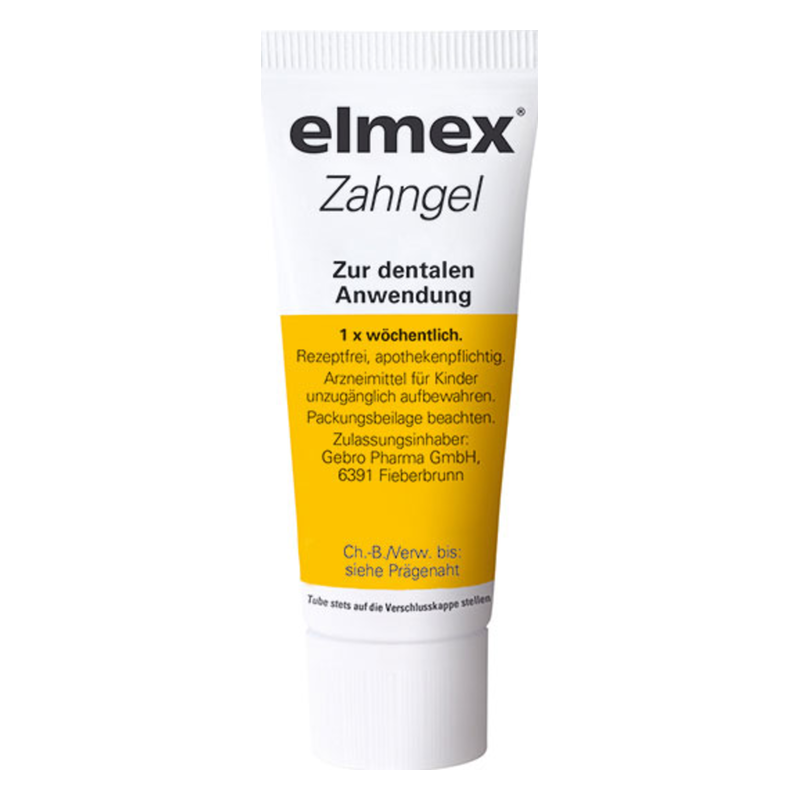 elmex-Zahngel-2026.png Tube mit elmex Zahngel für die dentale Anwendung, mit gelbem Etikett und apothekenpflichtigen Hinweisen.