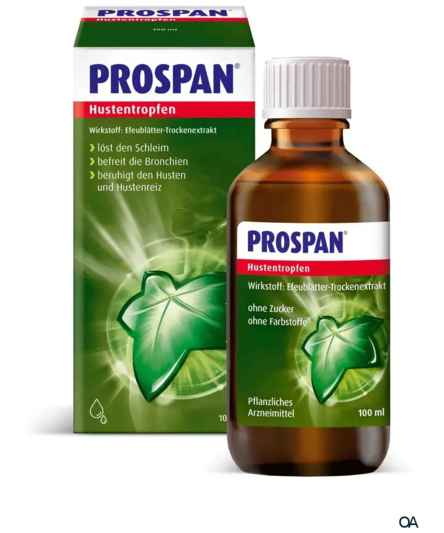 PROSPAN Hustentropfen in einer braunen Flasche neben der grünen Verpackung mit Efeublättern und Anwendungsinformationen.