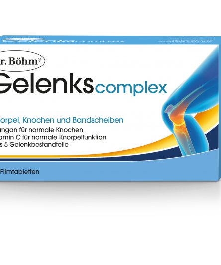 Verpackung von Dr. Böhm Gelenkscomplex für Knorpel, Knochen und Bandscheiben mit 60 Filmtabletten.