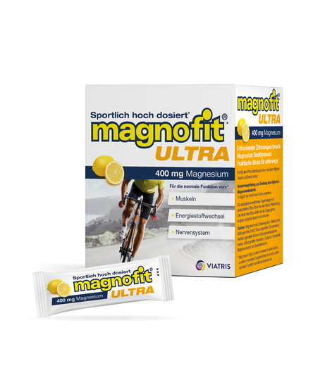 Verpackung von magnofit ULTRA mit Zitronengeschmack und einem Stick für Magnesiumaufnahme während sportlicher Aktivitäten.