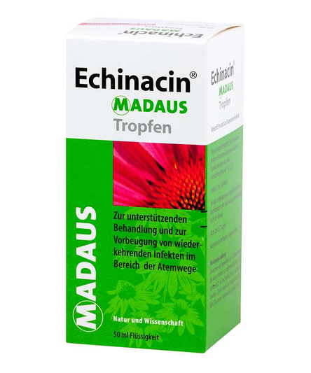 Packung von Echinacin Madaus Tropfen mit grüner und weißer Gestaltung für Atemwegserkrankungen.