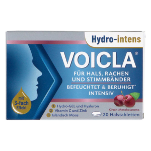 Packung mit VOICLA Halstabletten zur Linderung von Hals- und Rachenbeschwerden, mit Kirsch-Mentholgeschmack.