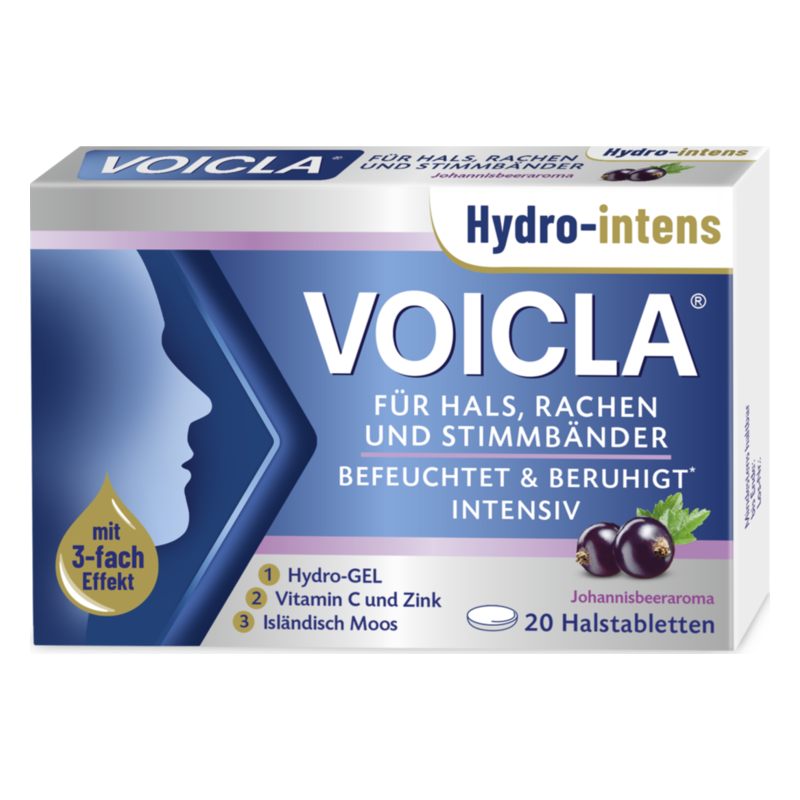 voicla-hydro-intens-hals-johannisbeere-2025.png Verpackung von VOICLA Halstabletten zur Linderung von Hals-, Rachen- und Stimmbaumbeschwerden mit Johannisbeergeschmack.