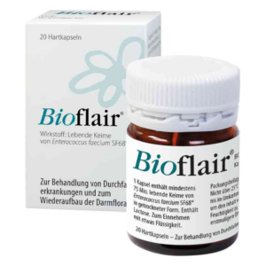 Braune Flasche mit weißen Kapseln und informativem Etikett, daneben eine Schachtel mit dem Produktnamen Bioflair.