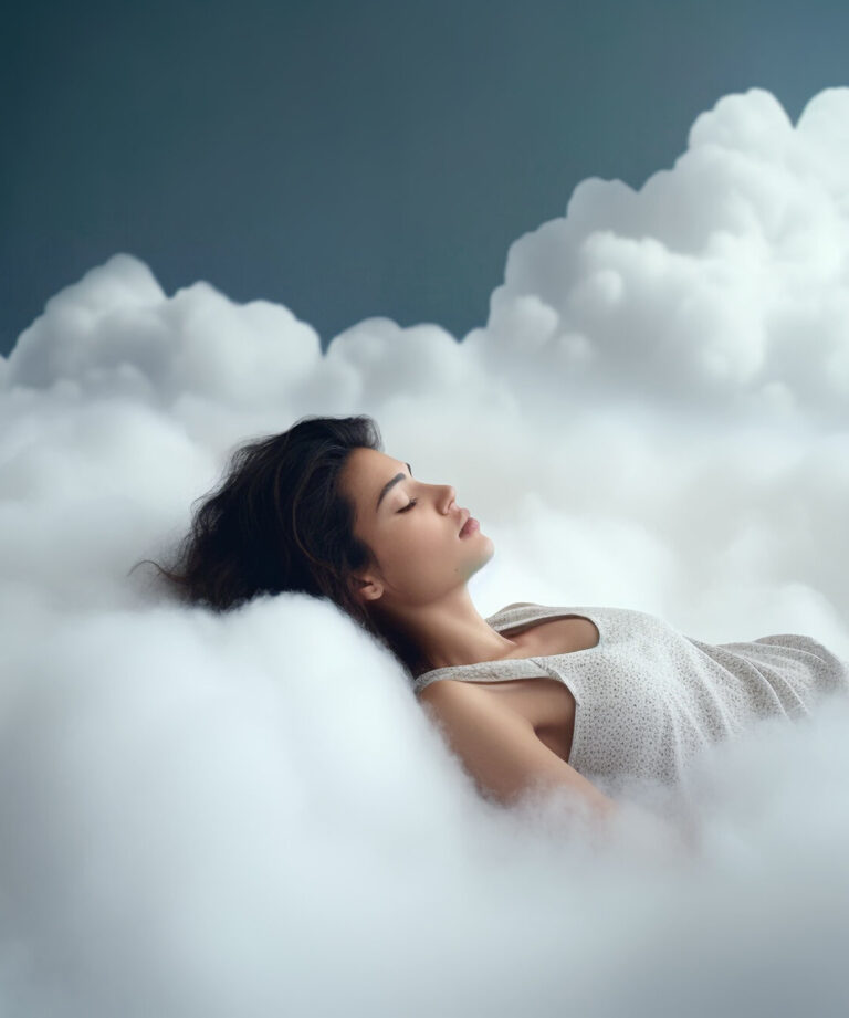 Frau in einem weißen Kleid, die entspannt auf weichen, grauen Wolken liegt, mit geschlossenen Augen und einem friedlichen Ausdruck.