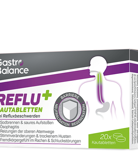 Verpackung von GastroBalance REFLU+ Kautabletten zur Linderung von Refluxbeschwerden, mit Hinweis auf Barriere und Neutralisation.