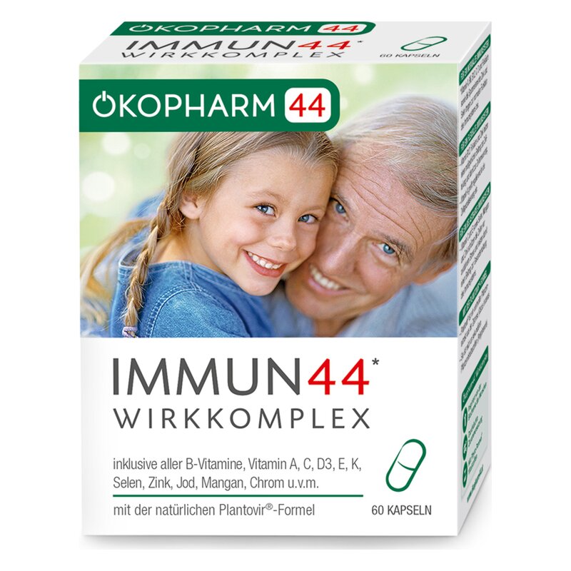 immun44-60kps_1_.jpg Verpackung von IMMUN44 Wirkkomplex mit Kapseln, zeigt lächelndes Kind und Erwachsene im Hintergrund, Grafiken und Inhaltsstoffe.