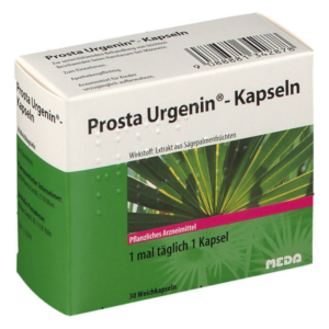 Verpackung von Prosta Urgenin-Kapseln, ein pflanzliches Arzneimittel mit Sägepalmenextrakt.