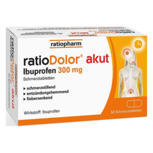 Packung ratioDolor akut mit Ibuprofen 300 mg, Schmerztabletten, orangefarbene Akzente, medizinische Informationen.