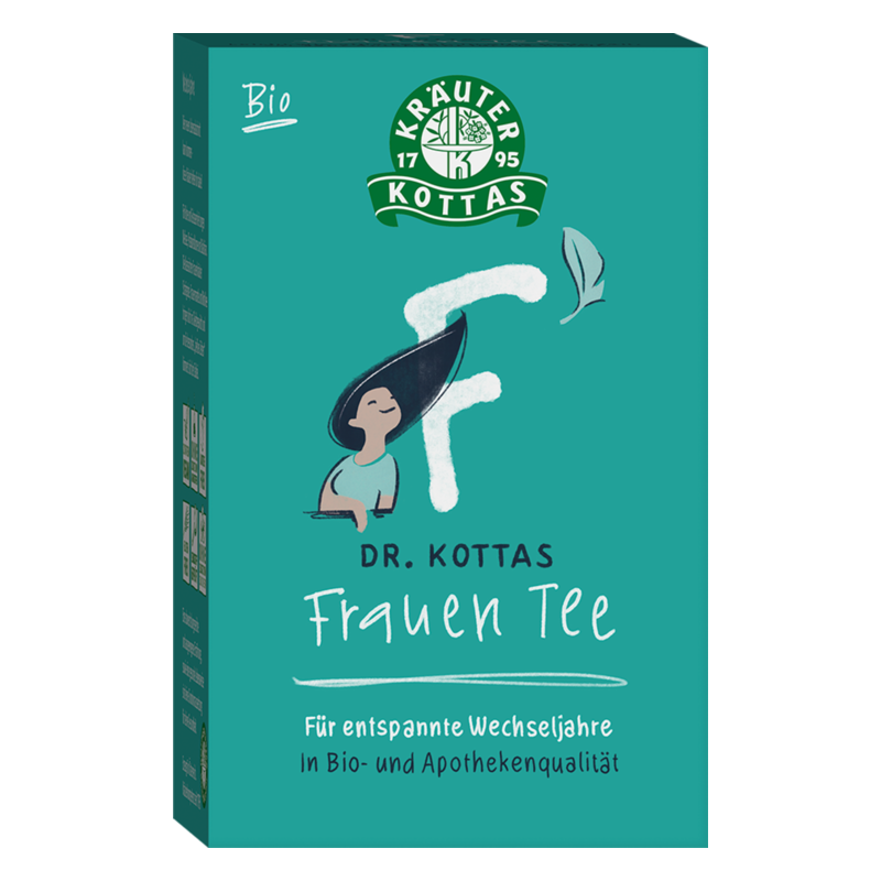 DR_KOTTAS-Packshot_Frauentee.png Verpackung des Bio Frauen Tees von Dr. Kottas mit einer Illustration einer Frau und dem Hinweis auf entspannte Wechseljahre.