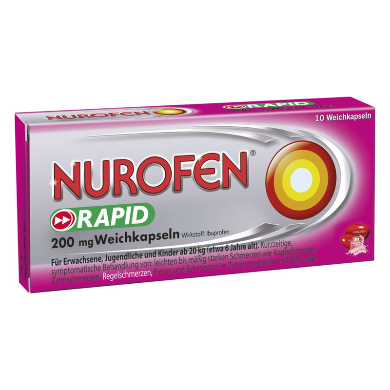 Nurofen-rapid-200mgweich-2026.png Verpackung von Nurofen Rapid Weichkapseln mit 200 mg Ibuprofen zur kurzfristigen Schmerzlinderung.
