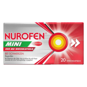 Verpackung von Nurofen Mini mit 20 Weichkapseln zu 400 mg Ibuprofen gegen Schmerzen.