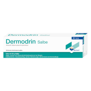 Tube Dermodrin Salbe mit kühlendem Effekt gegen Allergien und Hautreaktionen, 50 g Inhalt.