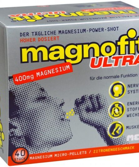 Verpackung von magnofit ULTRA, Magnesium-Power-Shot mit 400 mg Magnesium für Nerven, Energie und Muskeln, Zitrongeschmack.