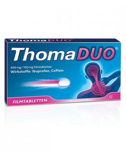 Packung ThomaDUO Filmtabletten mit Ibuprofen und Coffein, blau mit pinken Akzenten und Silhouetten von Schmerzen.