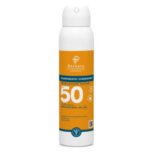 Transparente Sonnenbalsam-Spraydose mit hohem Sonnenschutzfaktor 50 und sehr leichter Textur in weißer Verpackung.