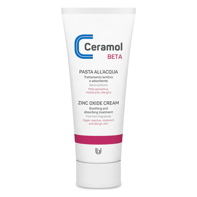 FCCVPA40I_ceramol_hautschutzpaste-26.png Zinkoxidcreme in einer weißen Tube mit blauer und roter Beschriftung, für empfindliche Haut geeignet.